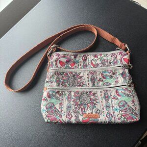 Sakroots Gray Owl Triple Zipper Crossbody Shoulder Bag